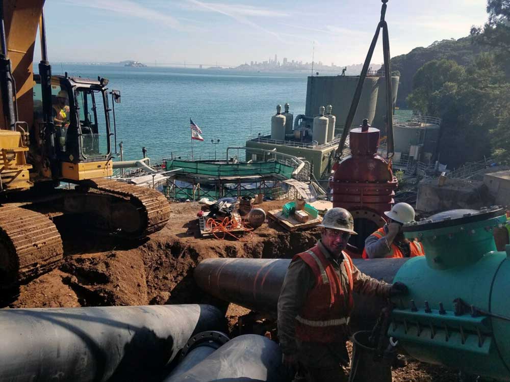 A great view of the San Francisco Bay, job site and American Flag
